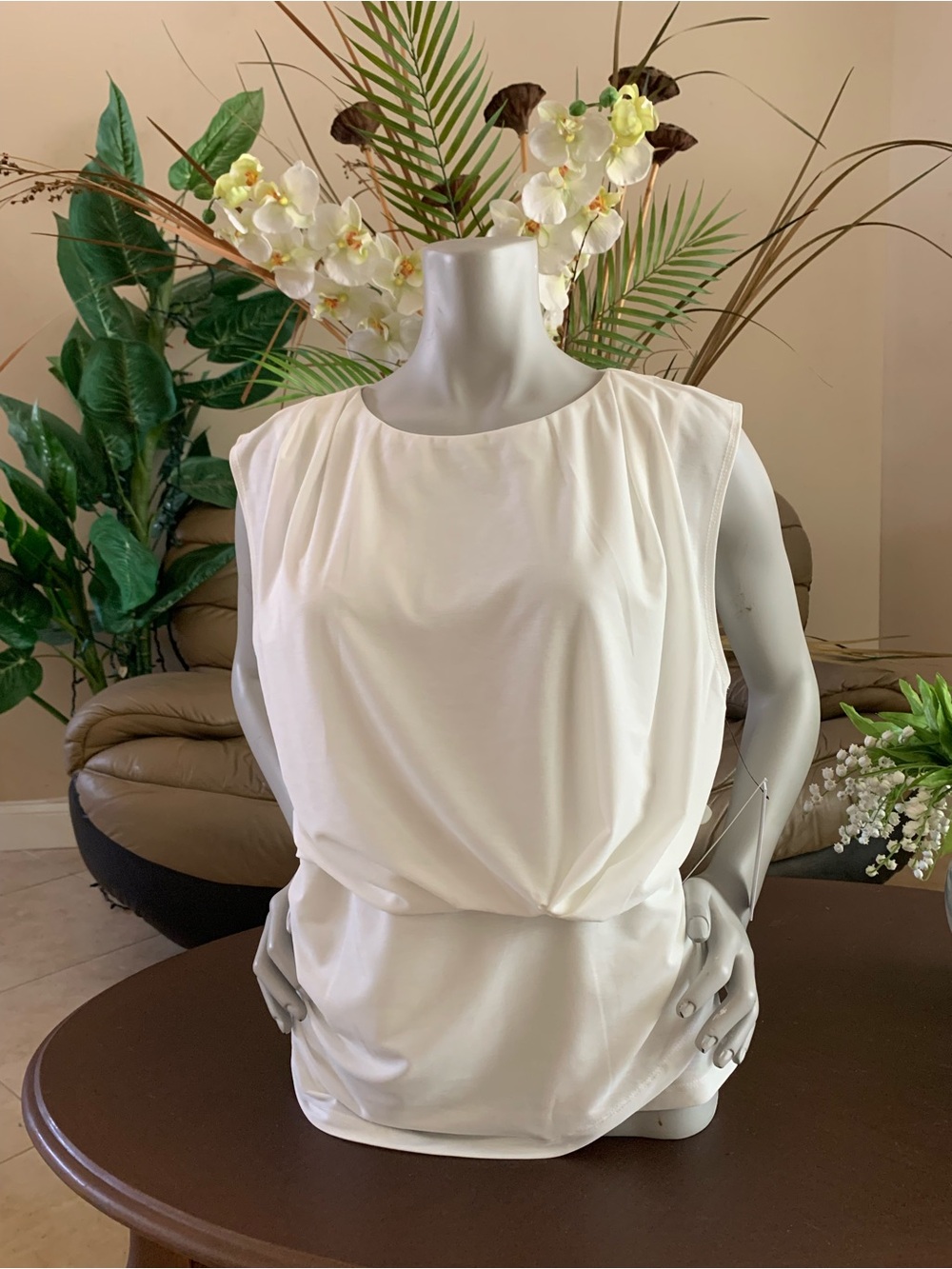 DKNY White Sleeveless Draped Top